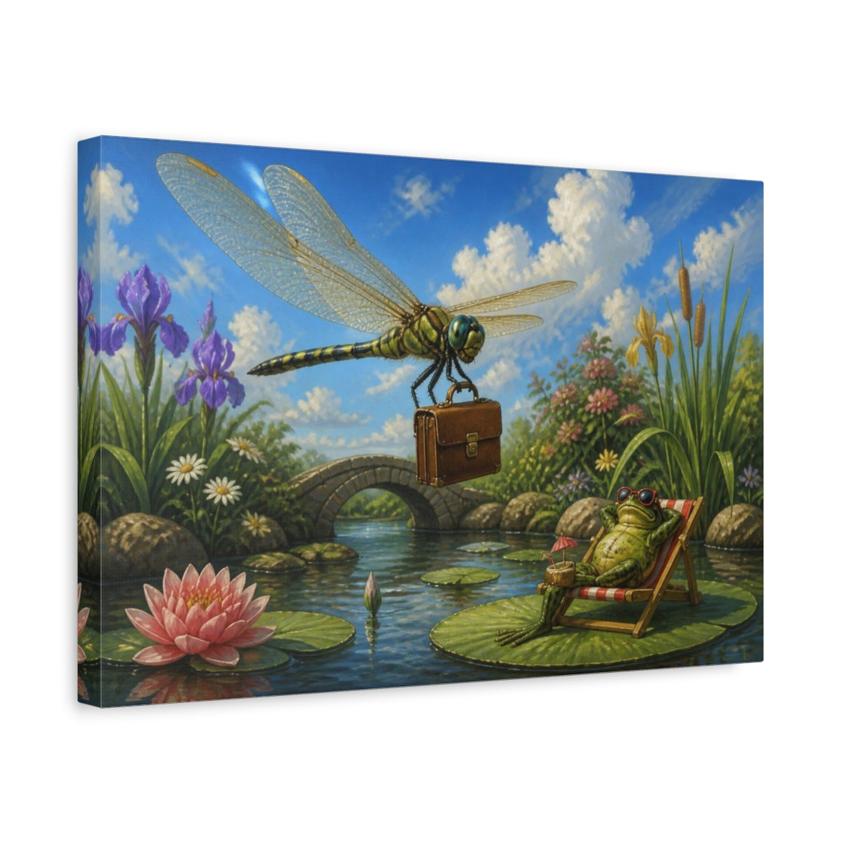 Side Mockup 4. Funny Dragonfly With Briefcase shown as canvas print