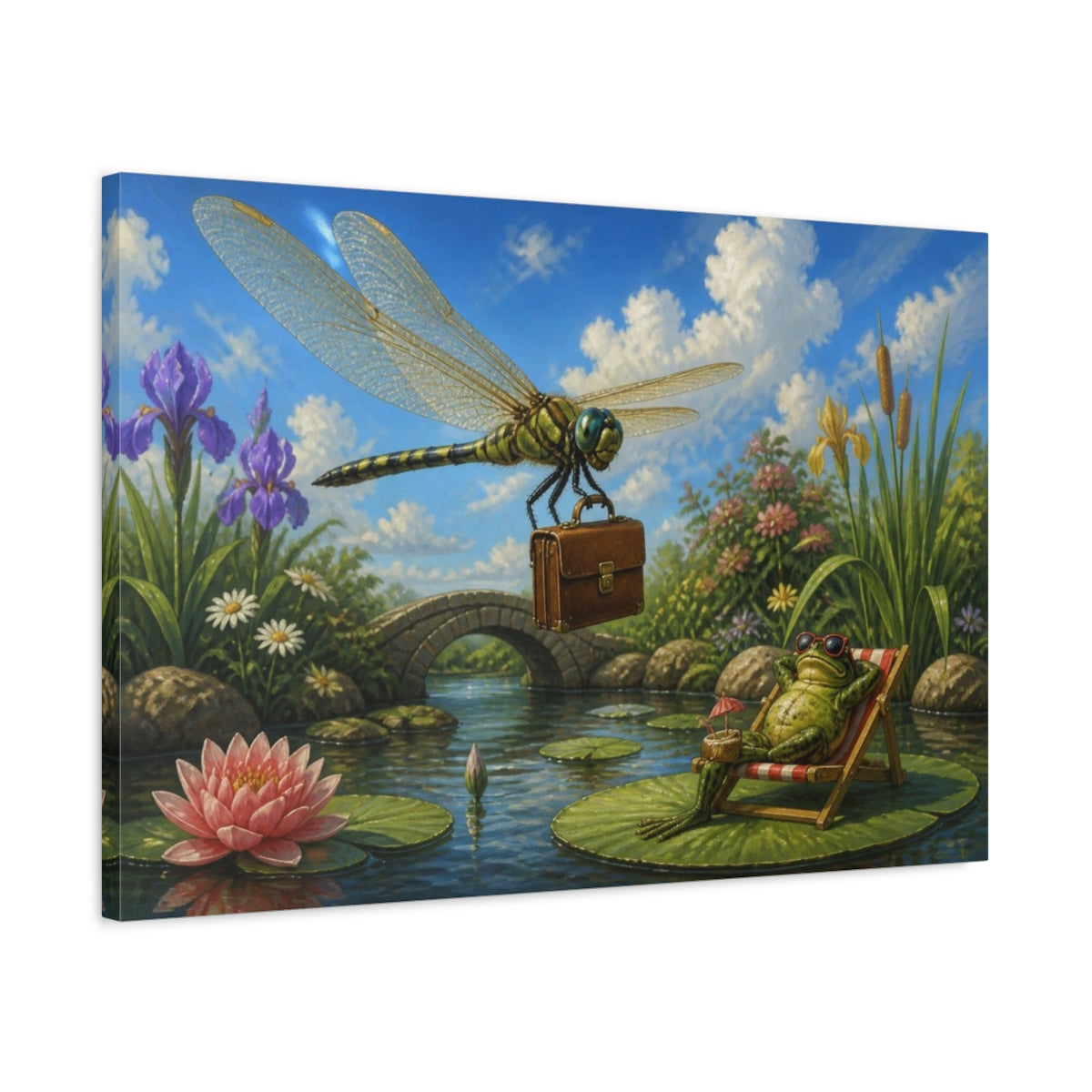 Side Mockup 2. Funny Dragonfly With Briefcase shown as canvas print