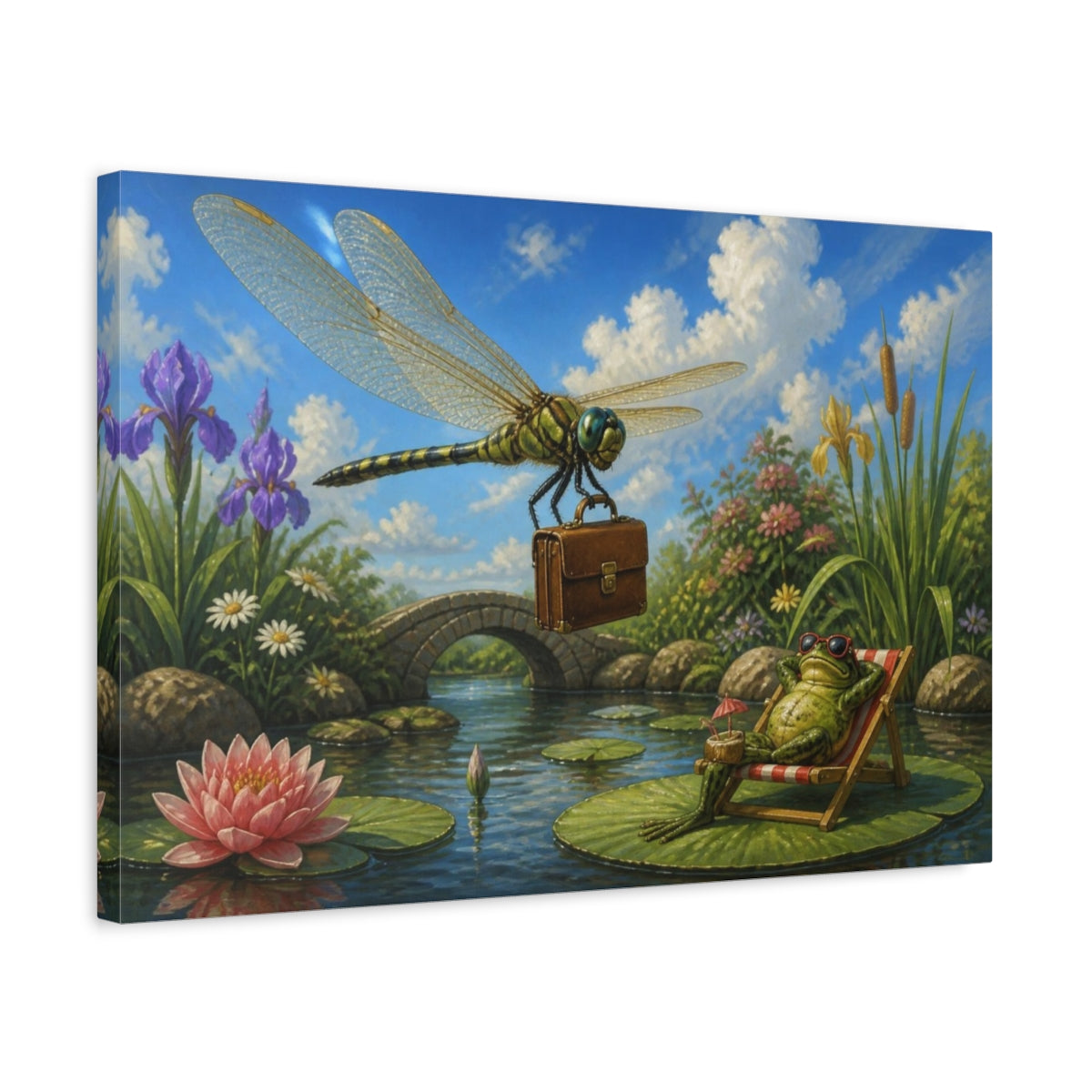 Side Mockup 3. Funny Dragonfly With Briefcase shown as canvas print