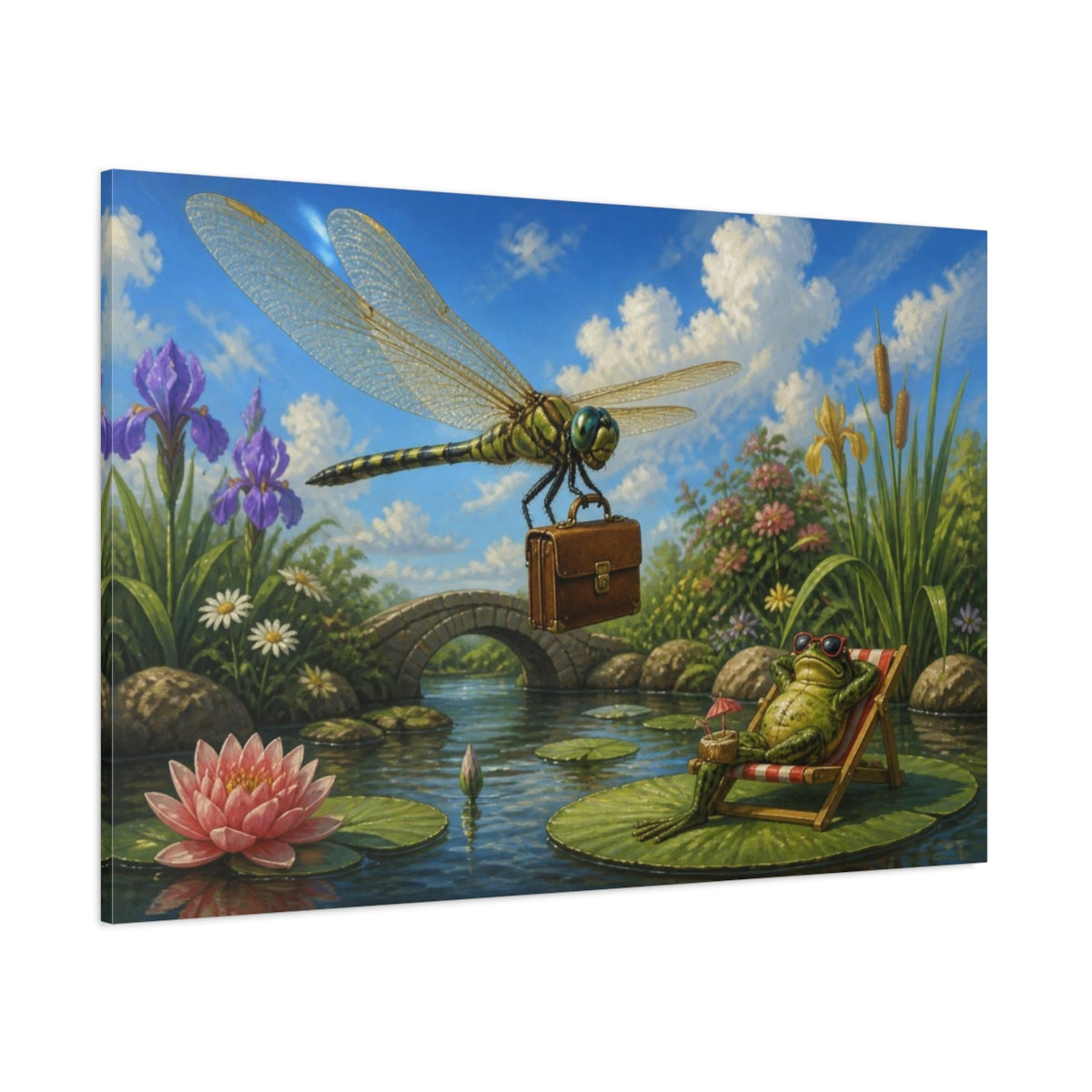 Side Mockup 1. Funny Dragonfly With Briefcase shown as canvas print