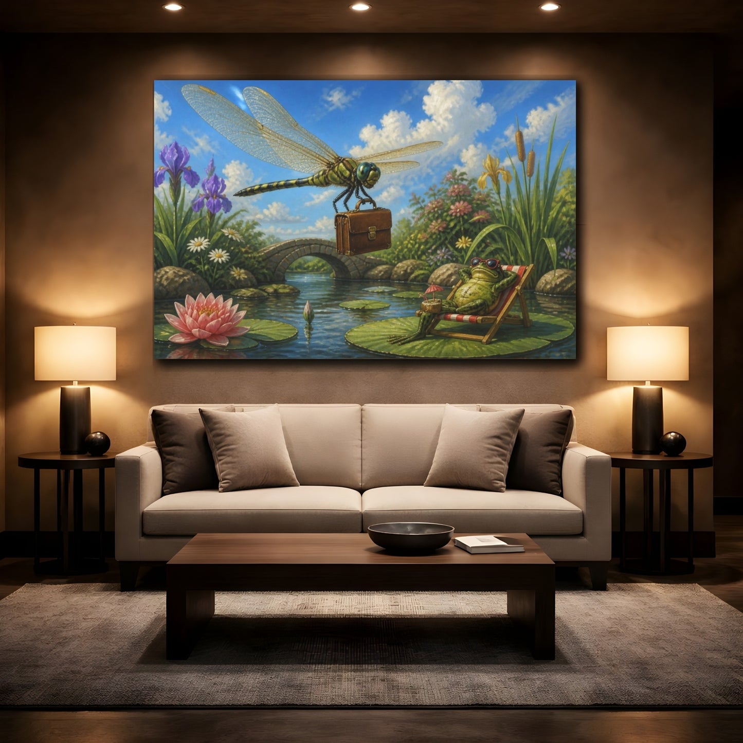 Mockup 2. Funny Dragonfly With Briefcase shown as canvas print