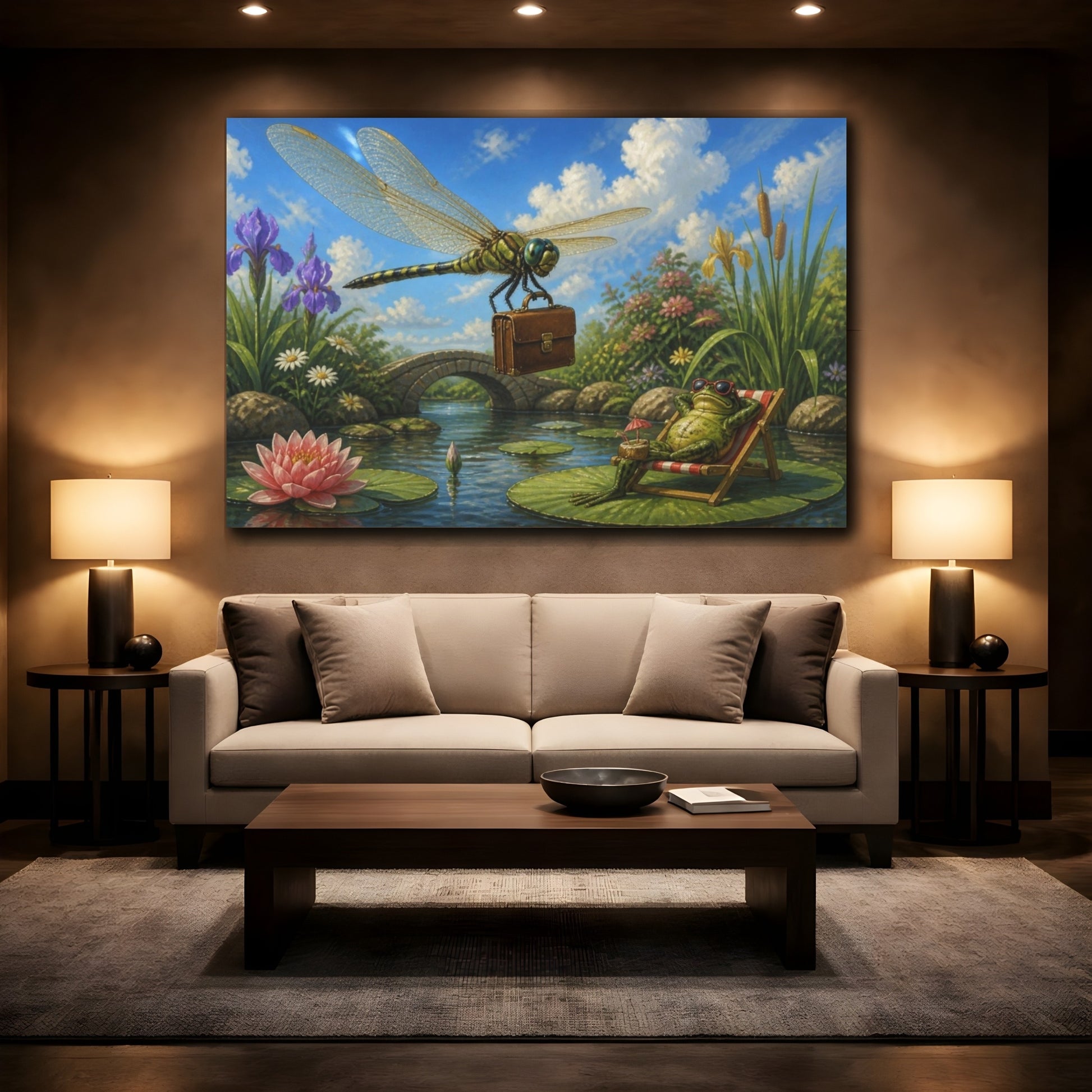 Mockup 2. Funny Dragonfly With Briefcase shown as canvas print