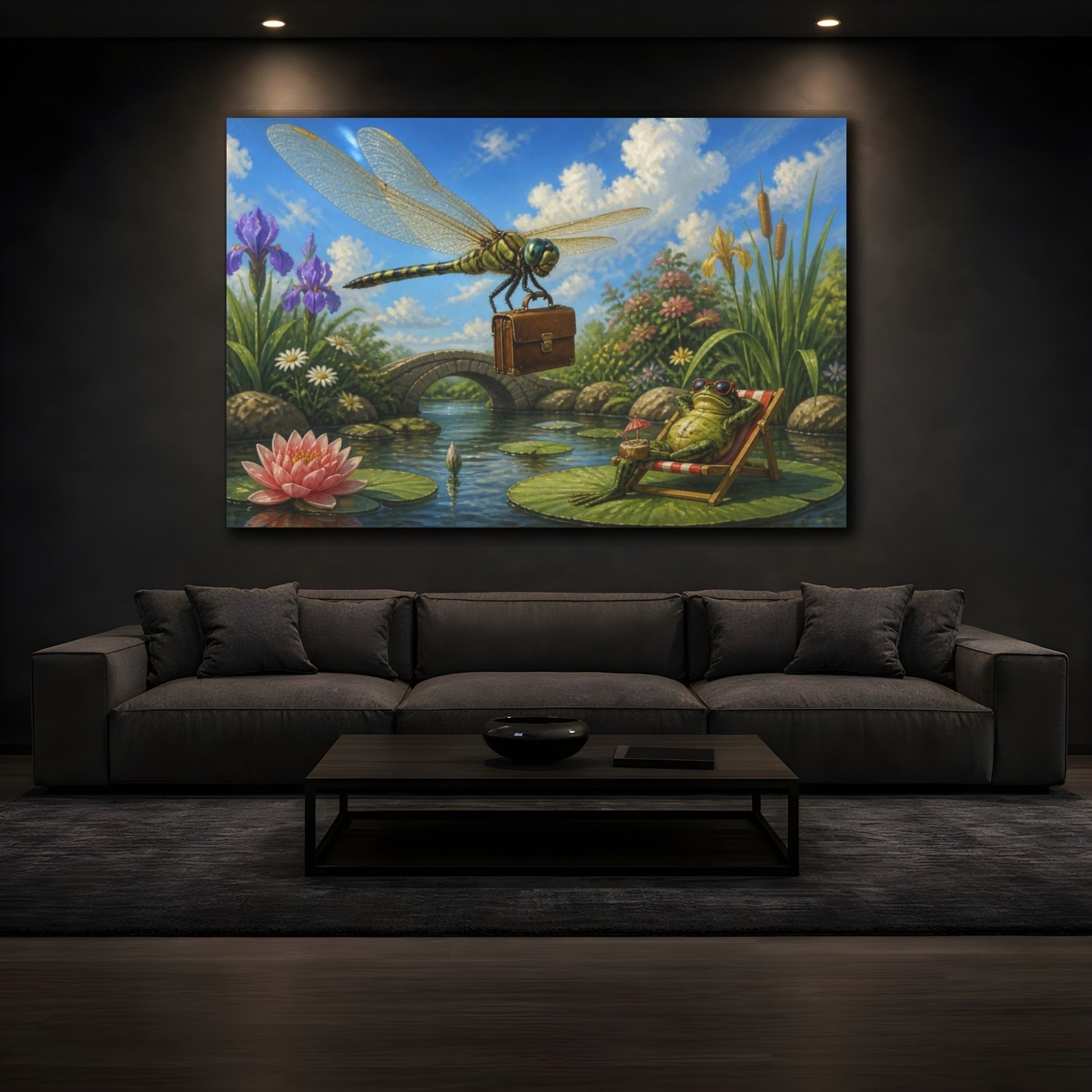 Mockup 3. Funny Dragonfly With Briefcase shown as canvas print