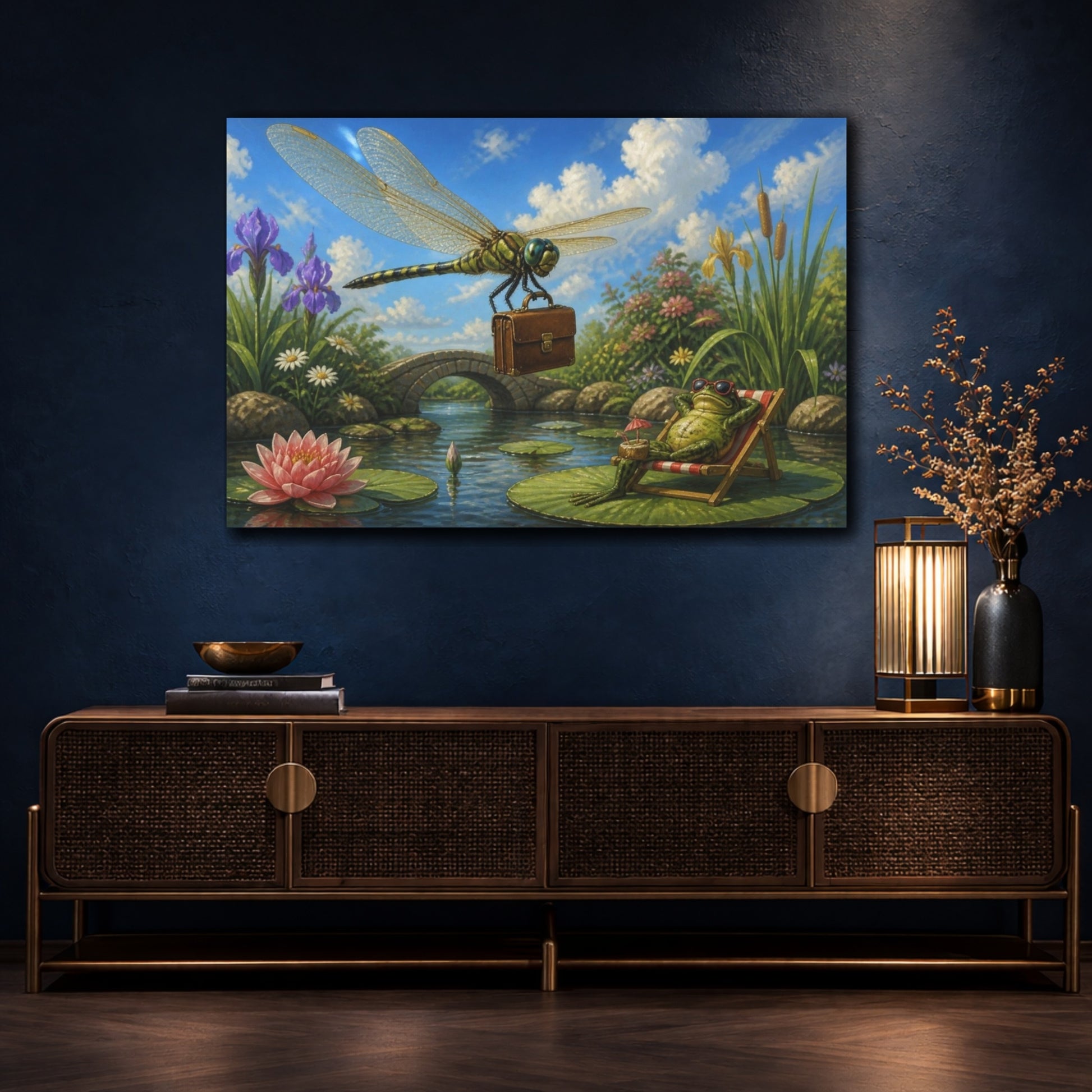 Mockup 4. Funny Dragonfly With Briefcase shown as canvas print