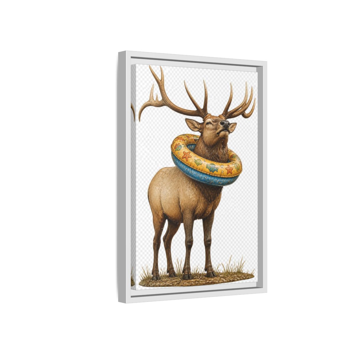 Side Mockup 4. Funny Elk With Swim Ring shown as framed canvas print