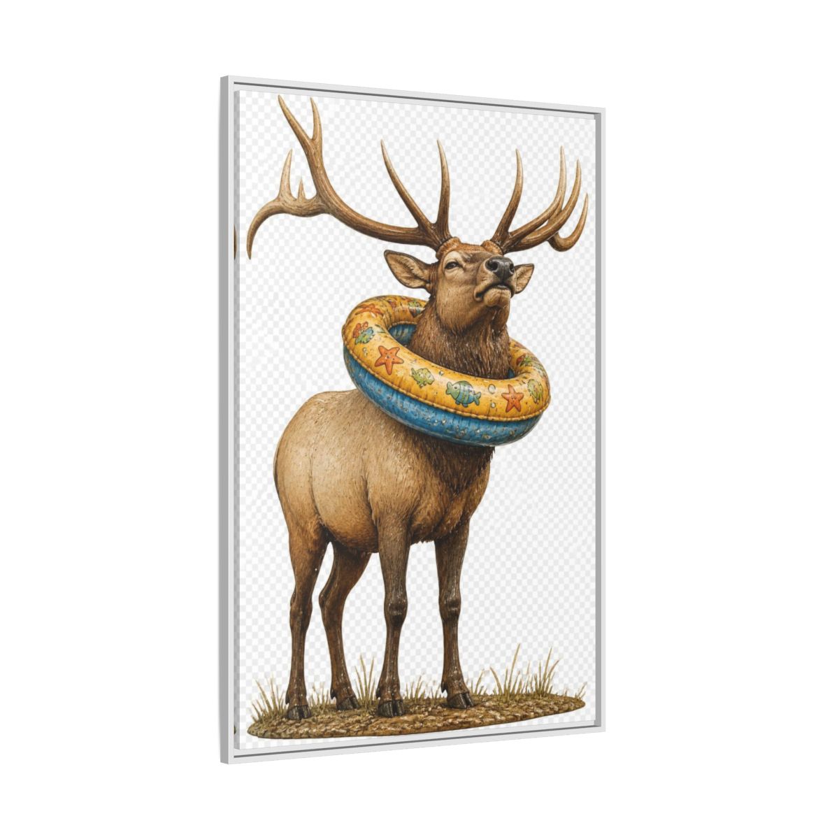 Side Mockup 7. Funny Elk With Swim Ring shown as framed canvas print