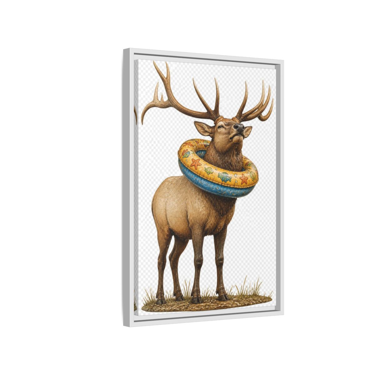 Side Mockup 1. Funny Elk With Swim Ring shown as framed canvas print