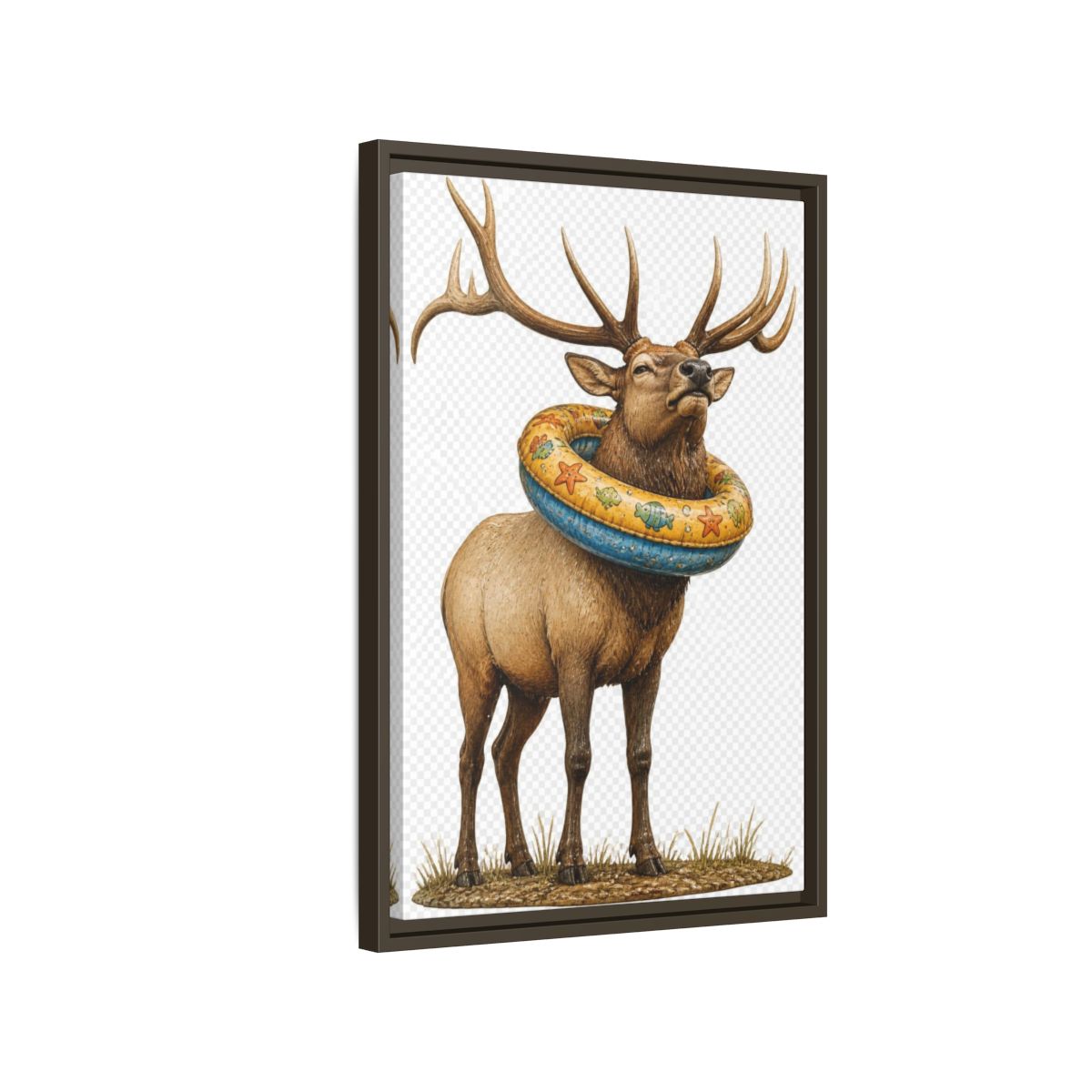 Side Mockup 2. Funny Elk With Swim Ring shown as framed canvas print