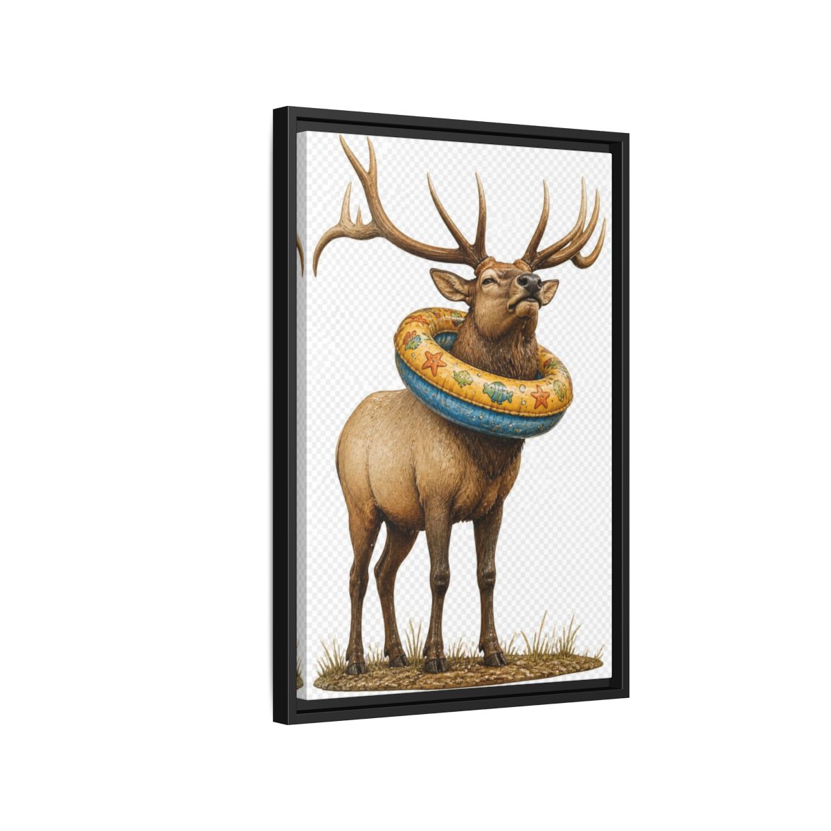 Side Mockup 3. Funny Elk With Swim Ring shown as framed canvas print