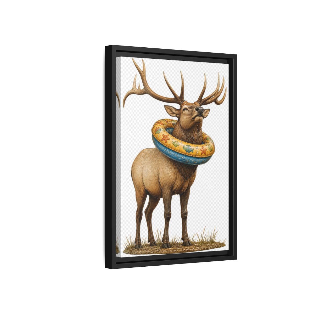 Side Mockup 6. Funny Elk With Swim Ring shown as framed canvas print