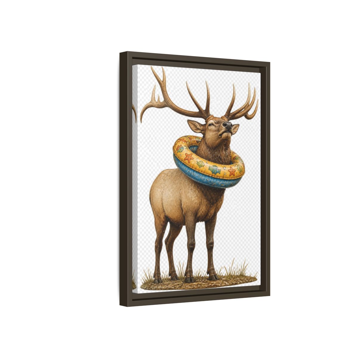 Side Mockup 5. Funny Elk With Swim Ring shown as framed canvas print