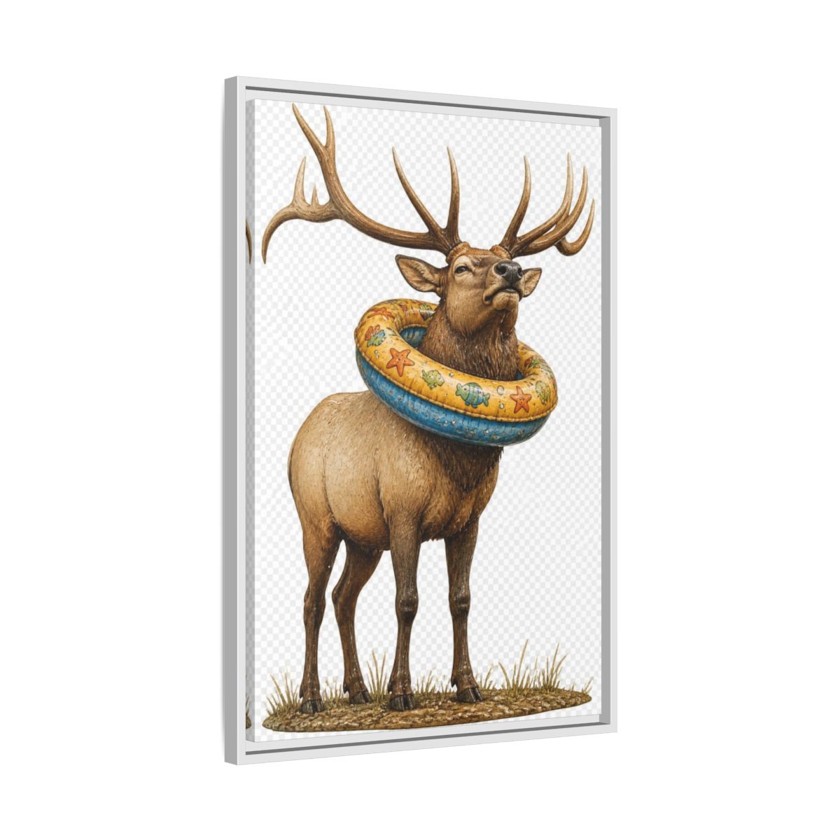 Side Mockup 10. Funny Elk With Swim Ring shown as framed canvas print