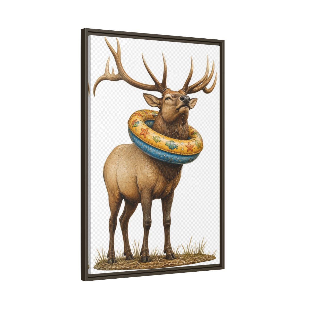 Main Mockup. Funny Elk With Swim Ring shown as framed canvas print