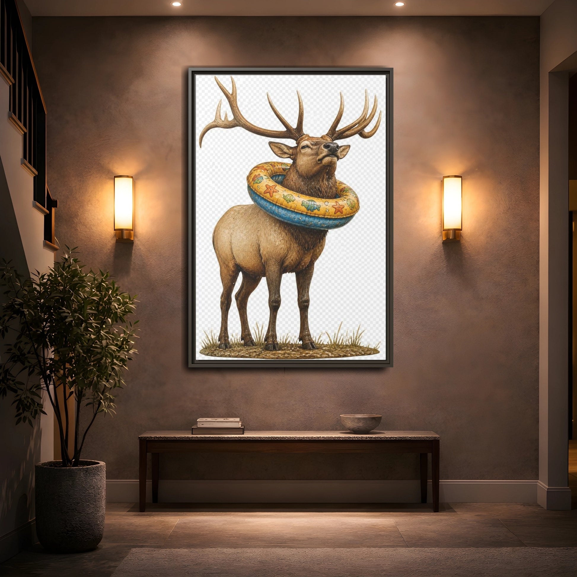 Mockup 2. Funny Elk With Swim Ring shown as framed canvas print