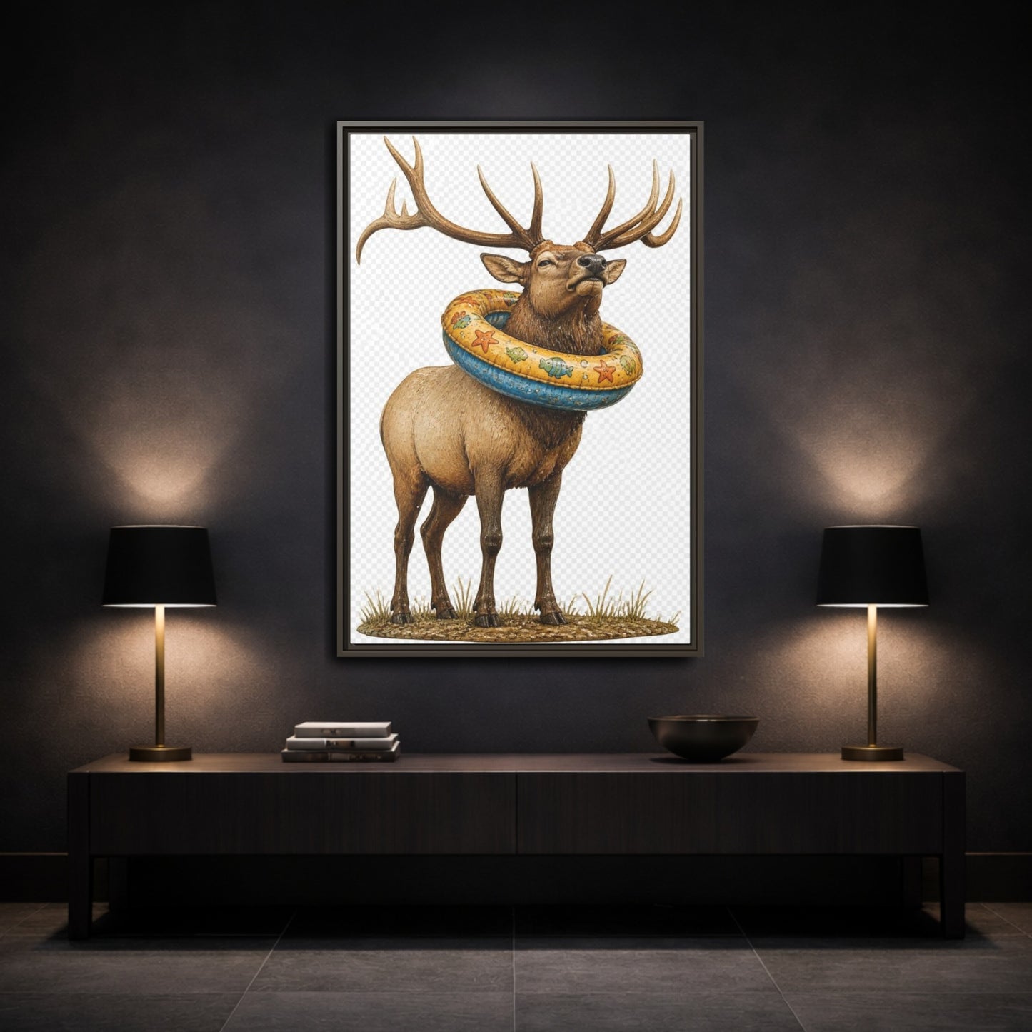 Mockup 3. Funny Elk With Swim Ring shown as framed canvas print