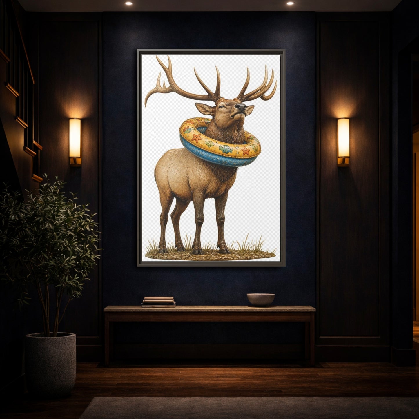 Mockup 4. Funny Elk With Swim Ring shown as framed canvas print