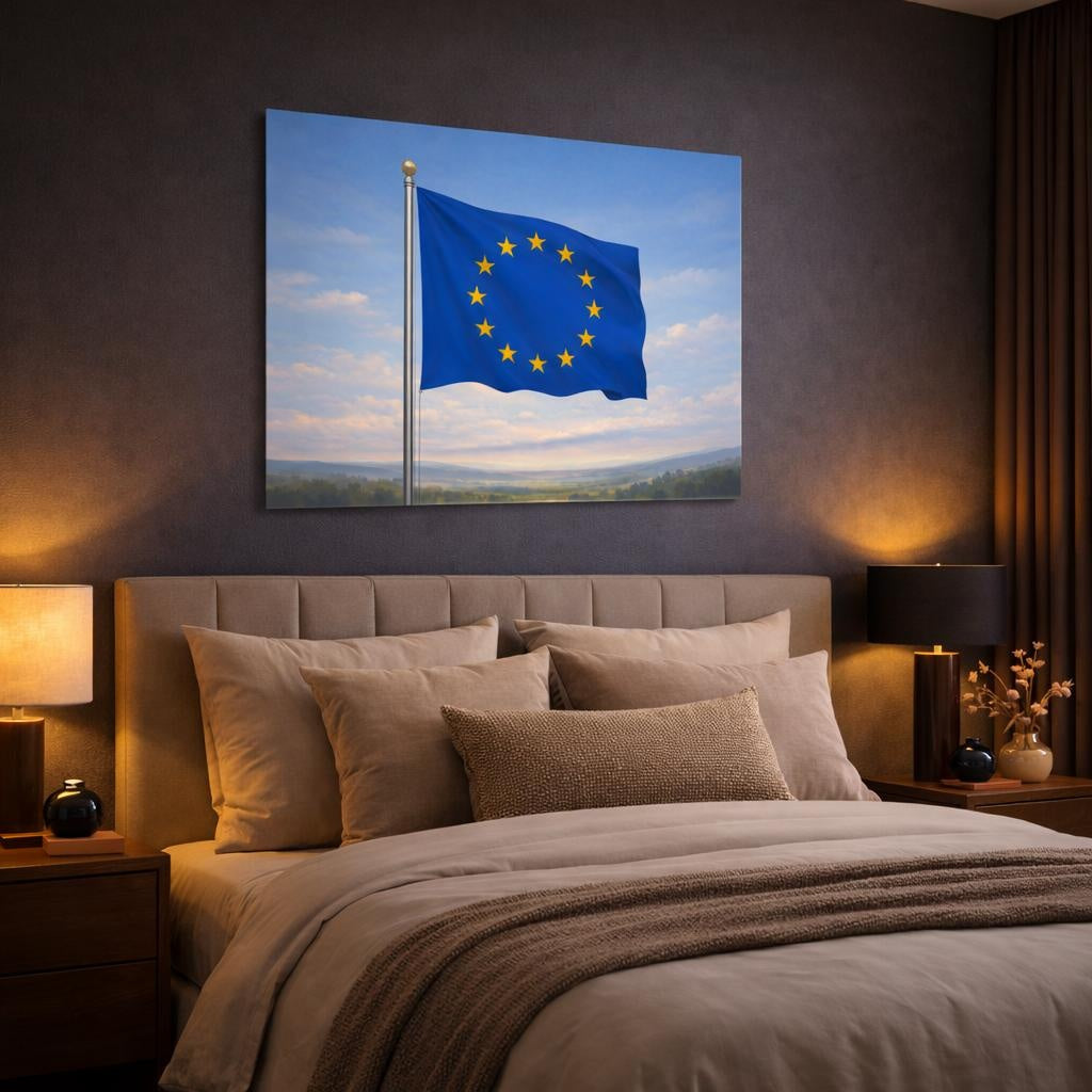 Funny European Union Flag shown as canvas wall art in a luxury bedroom