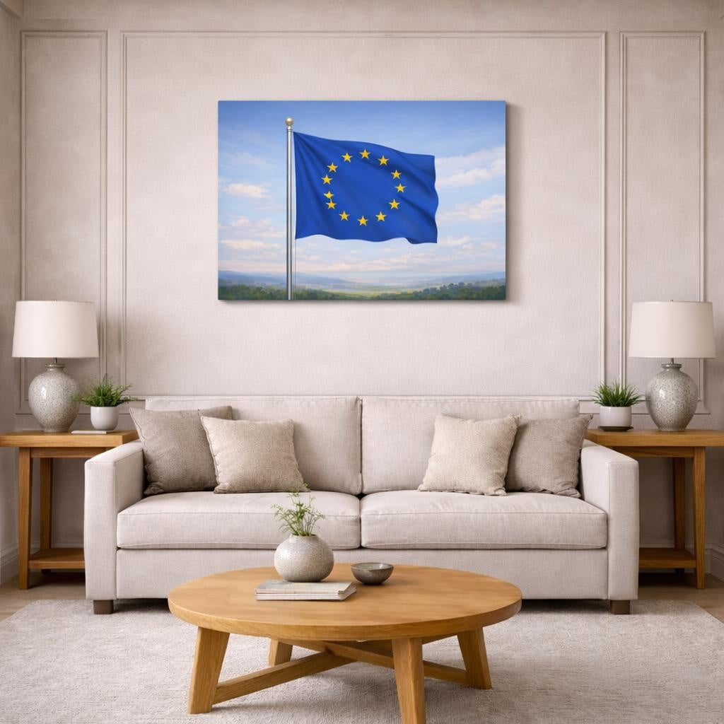 Funny European Union Flag shown as canvas wall art in a modern living room
