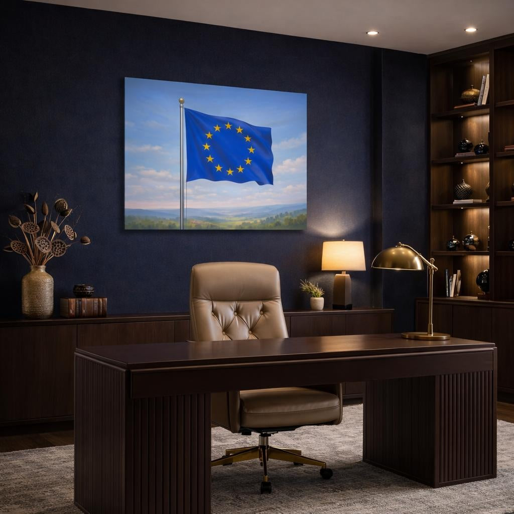 Funny European Union Flag shown as canvas wall art in a refined dining room