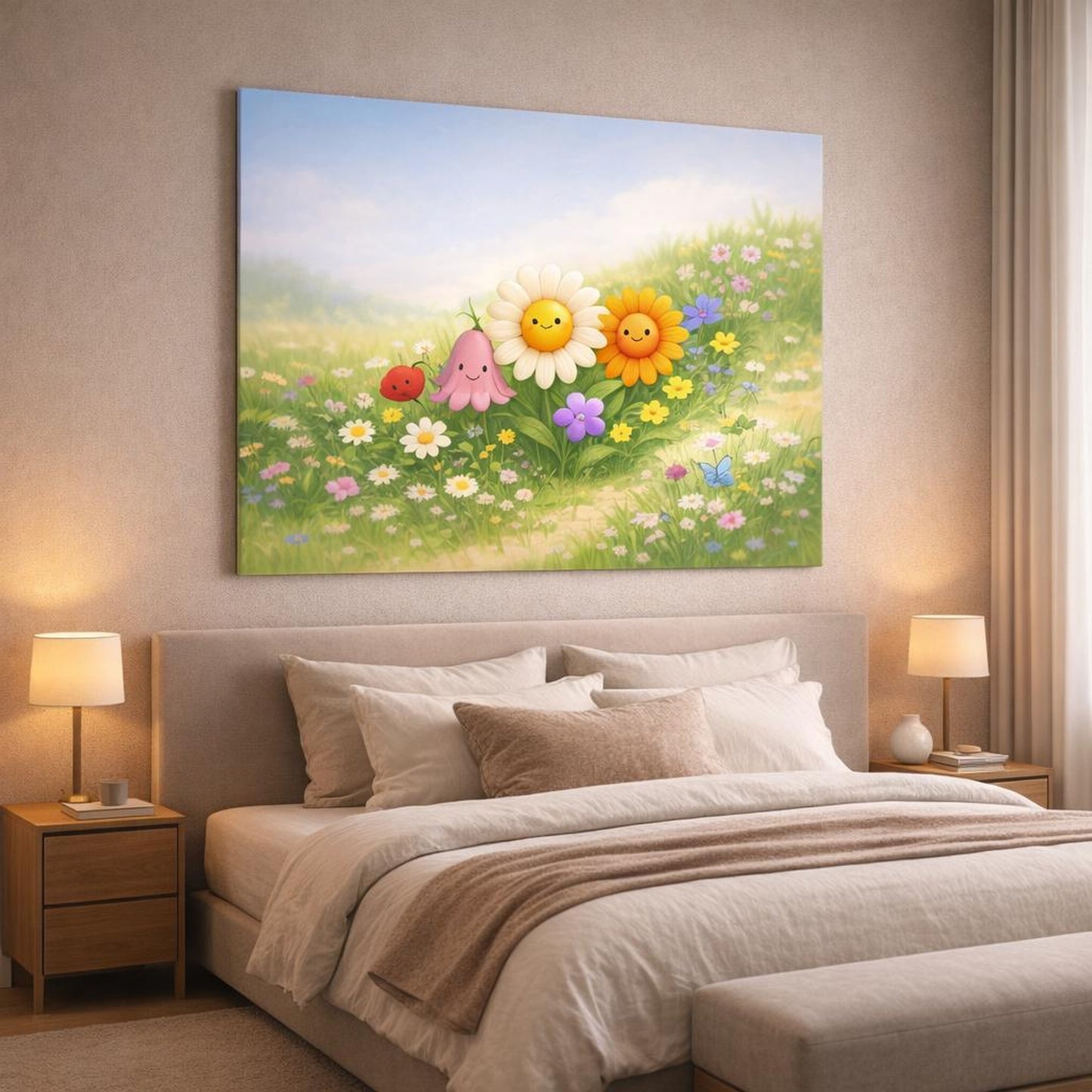 Funny Flowers Wildflowers shown as canvas wall art in a luxury bedroom