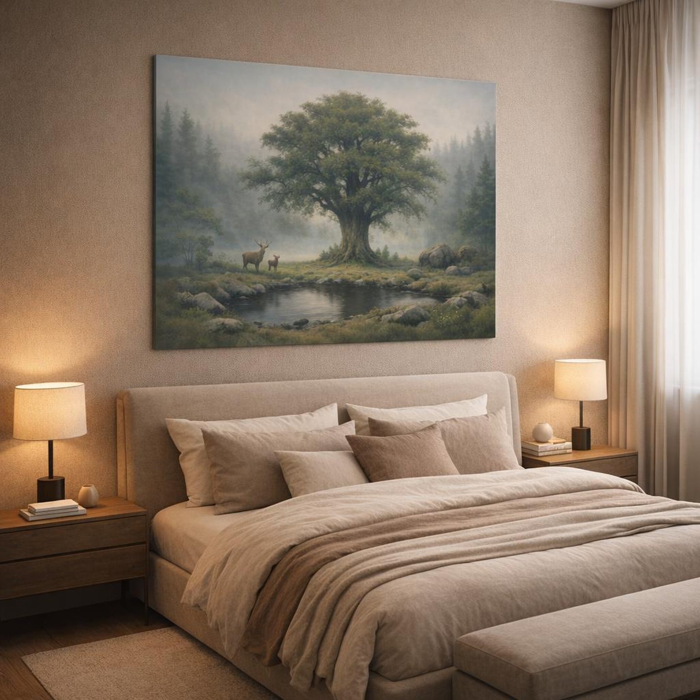 Funny Foggy Forest shown as canvas wall art in a luxury bedroom