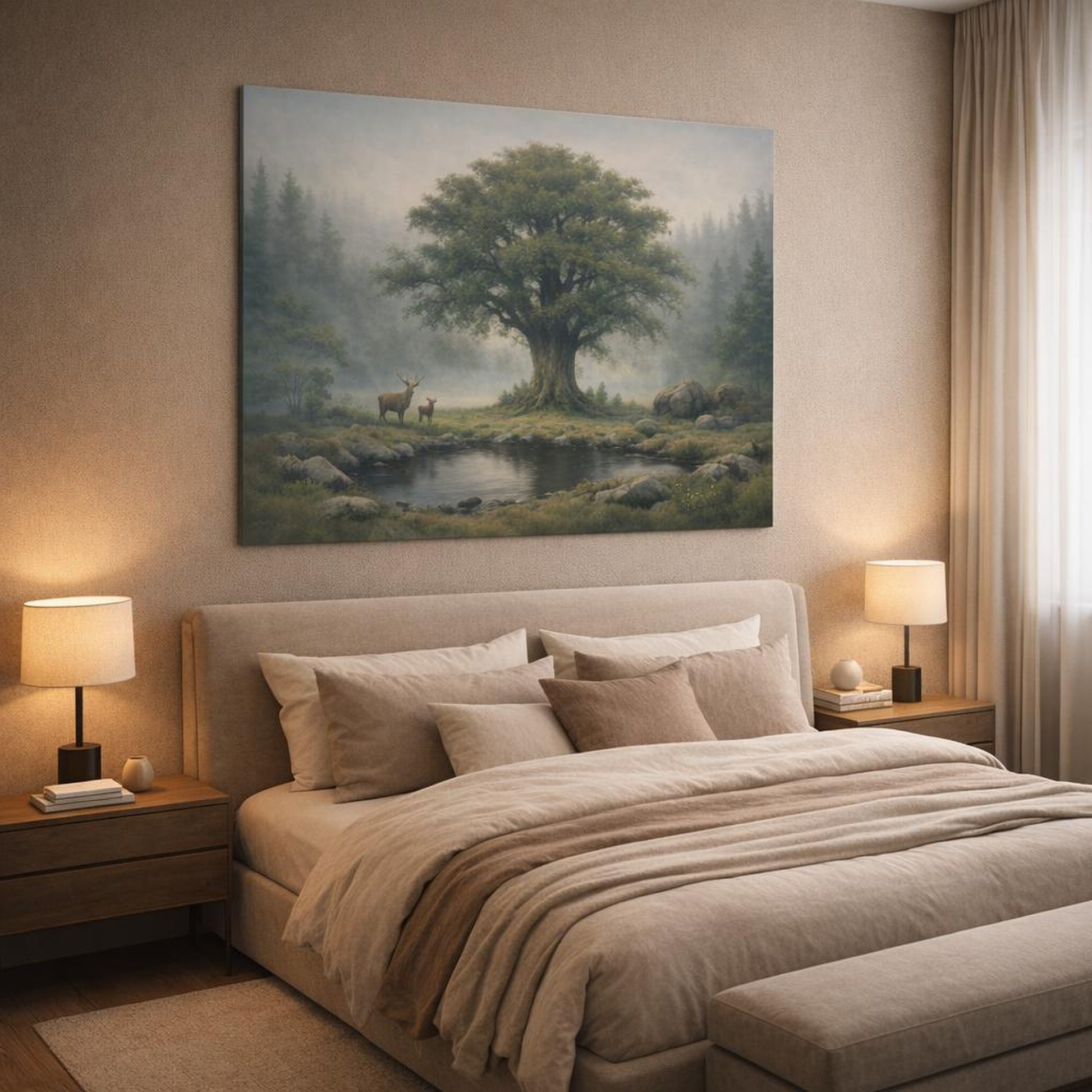 Funny Foggy Forest shown as canvas wall art in a luxury bedroom