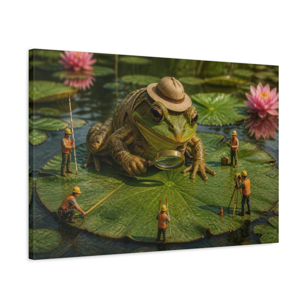Side Mockup 2. Funny Frog Survey Team shown as canvas print