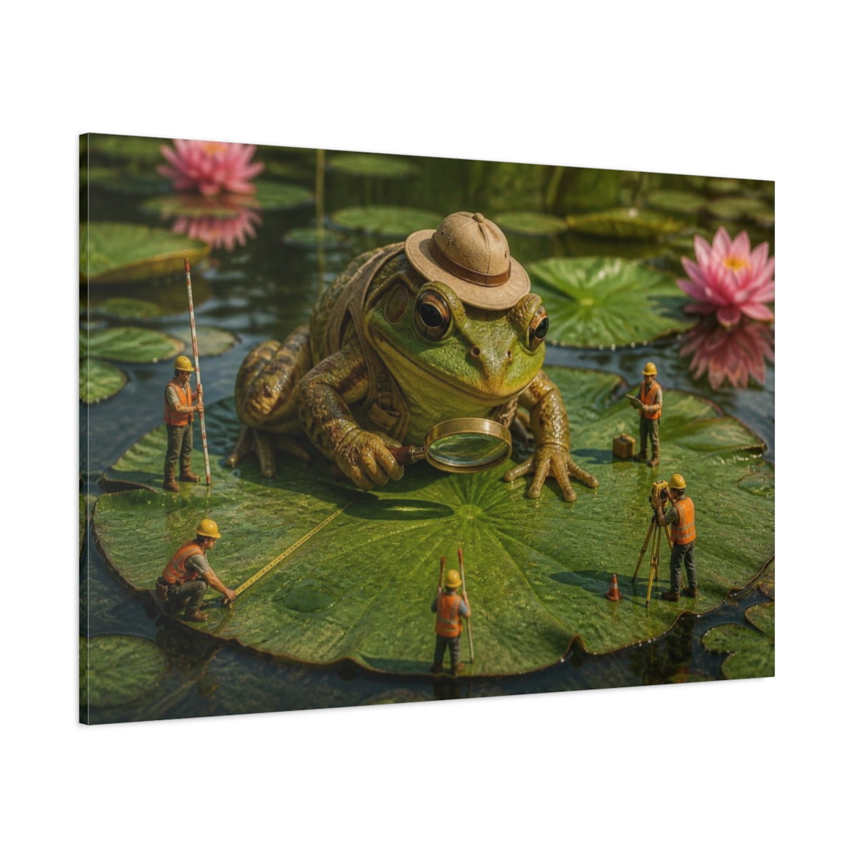 Side Mockup 1. Funny Frog Survey Team shown as canvas print