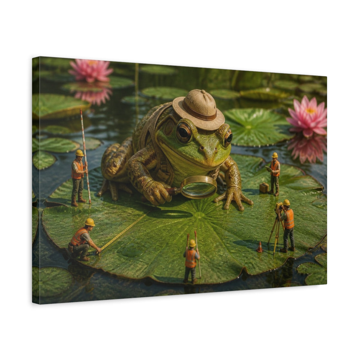 Side Mockup 3. Funny Frog Survey Team shown as canvas print