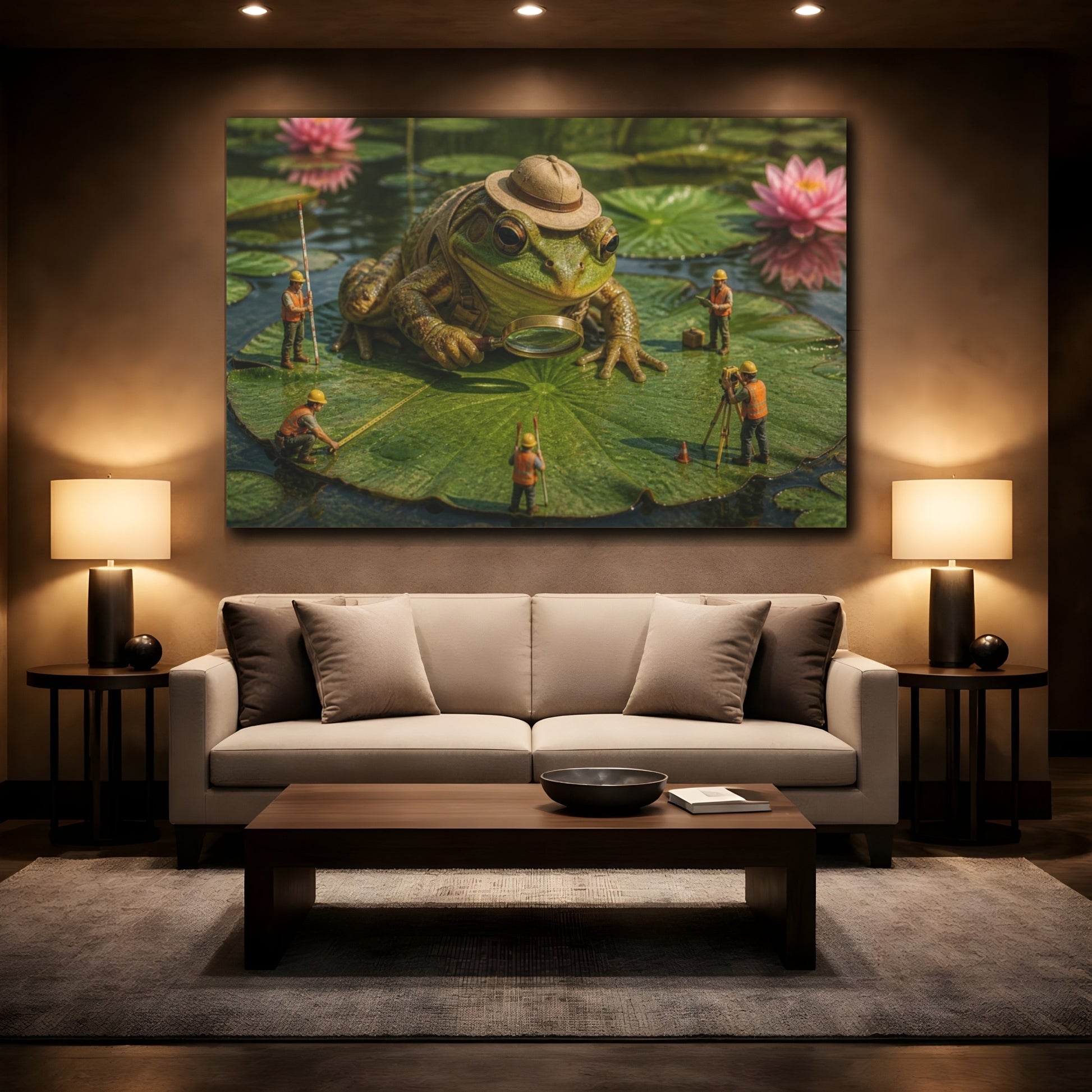Mockup 2. Funny Frog Survey Team shown as canvas print