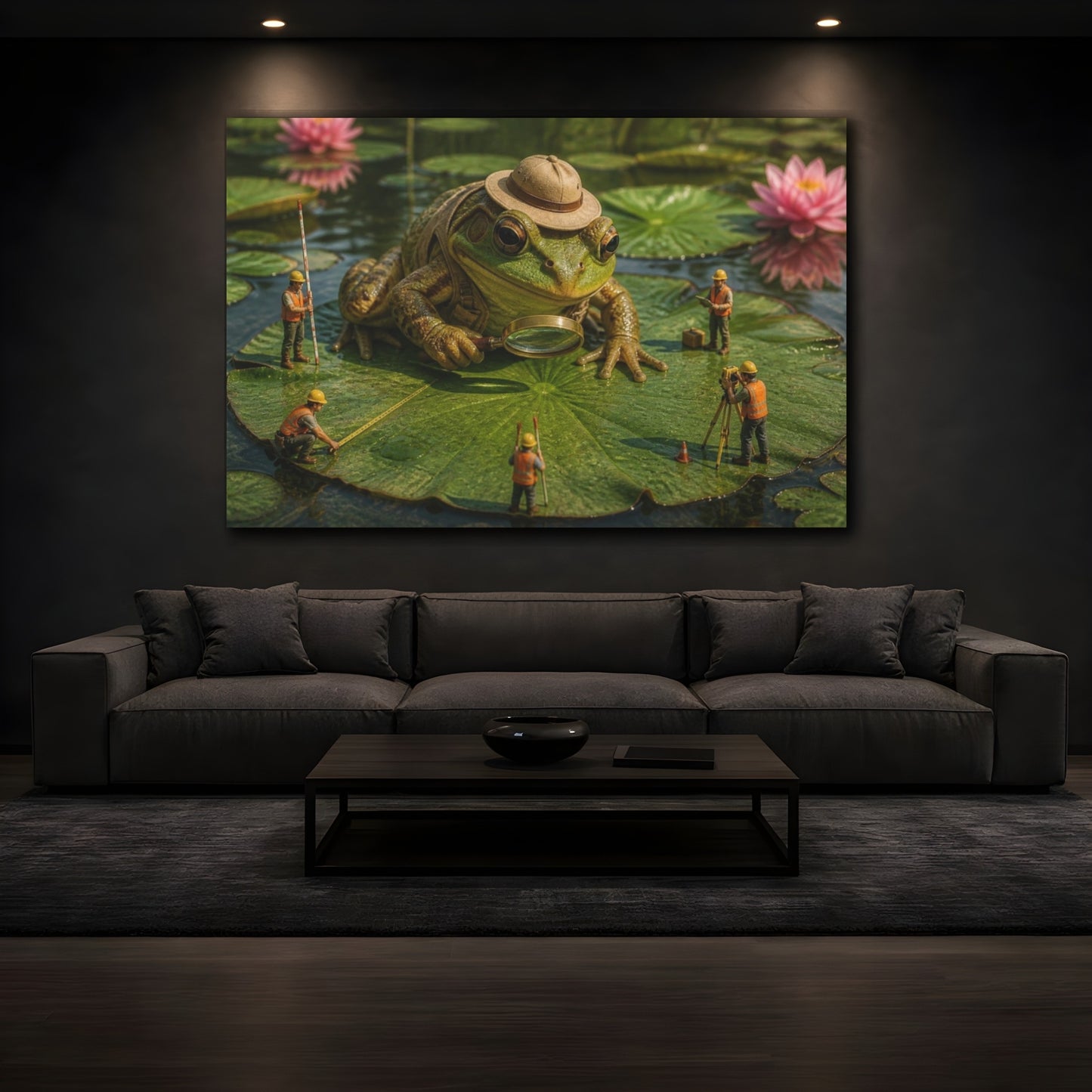 Mockup 3. Funny Frog Survey Team shown as canvas print