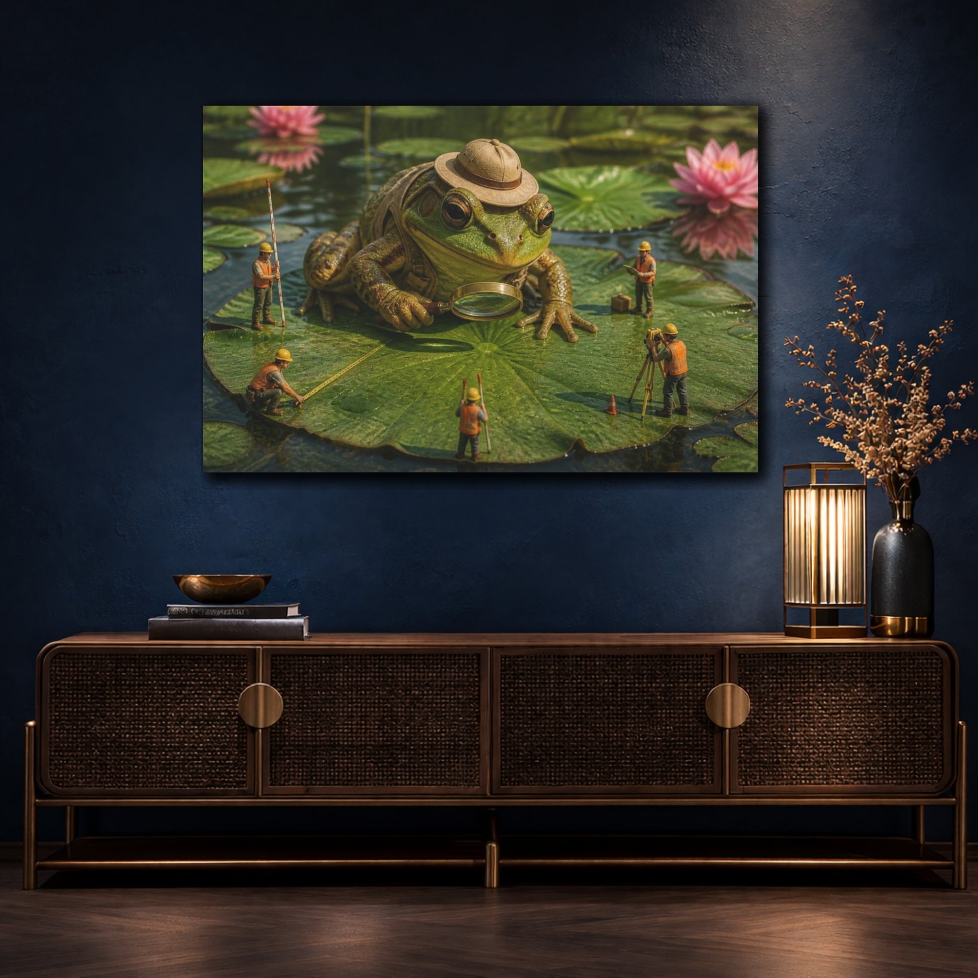 Mockup 4. Funny Frog Survey Team shown as canvas print