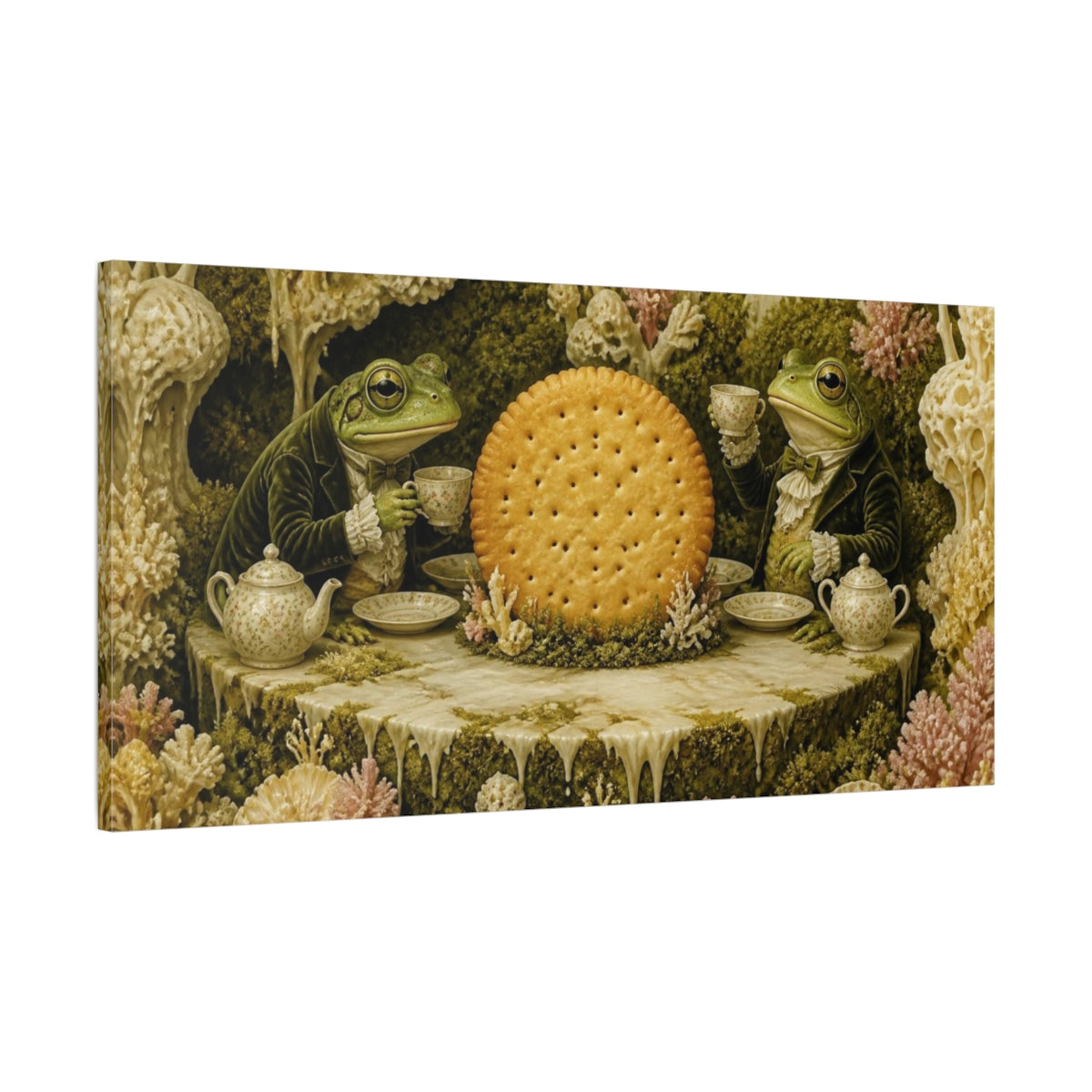 Main Mockup. Funny Frog Tea Ceremony shown as canvas print