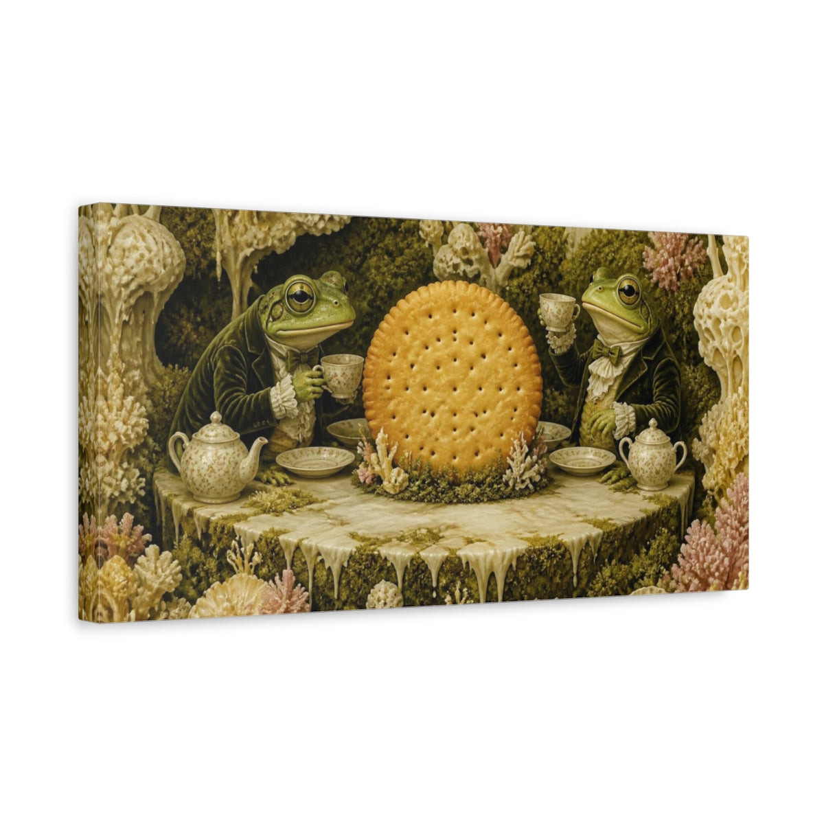Side Mockup 3. Funny Frog Tea Ceremony shown as canvas print