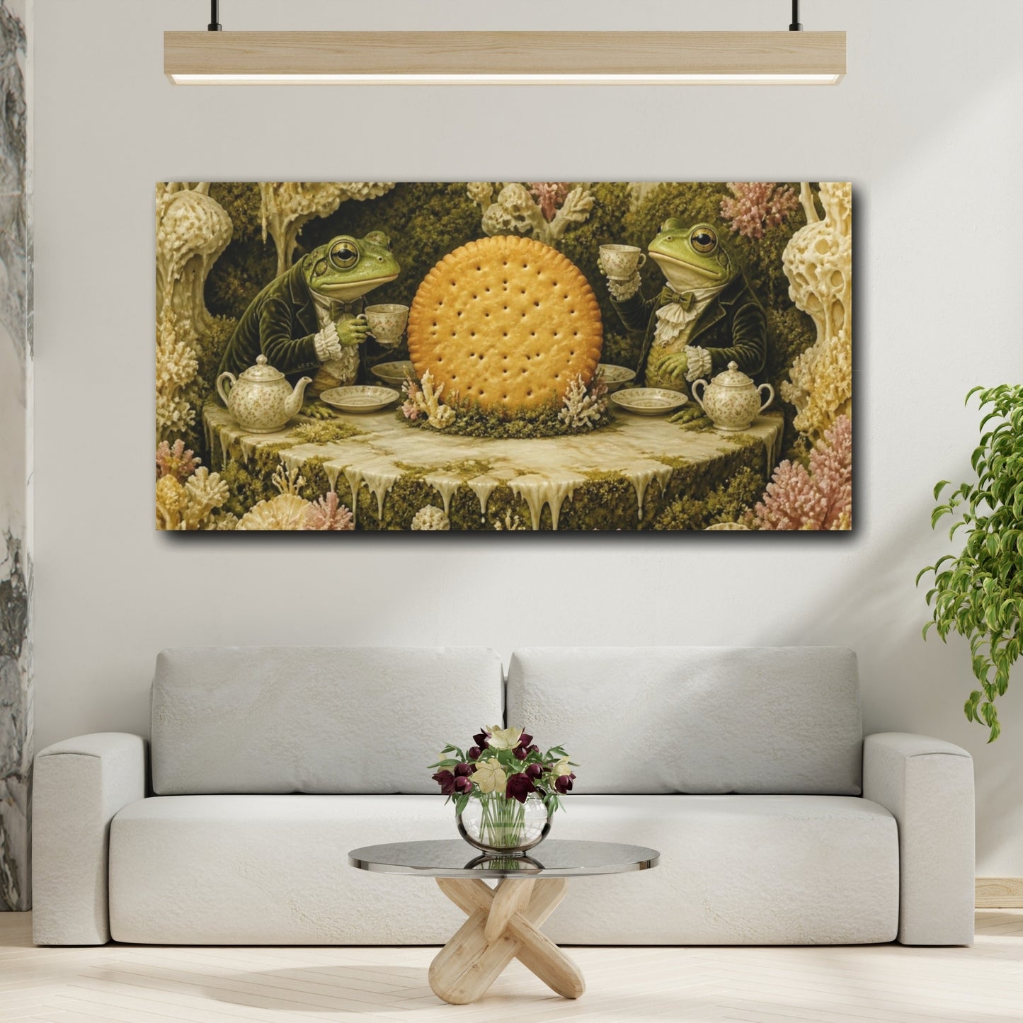 Mockup 2. Funny Frog Tea Ceremony shown as canvas print