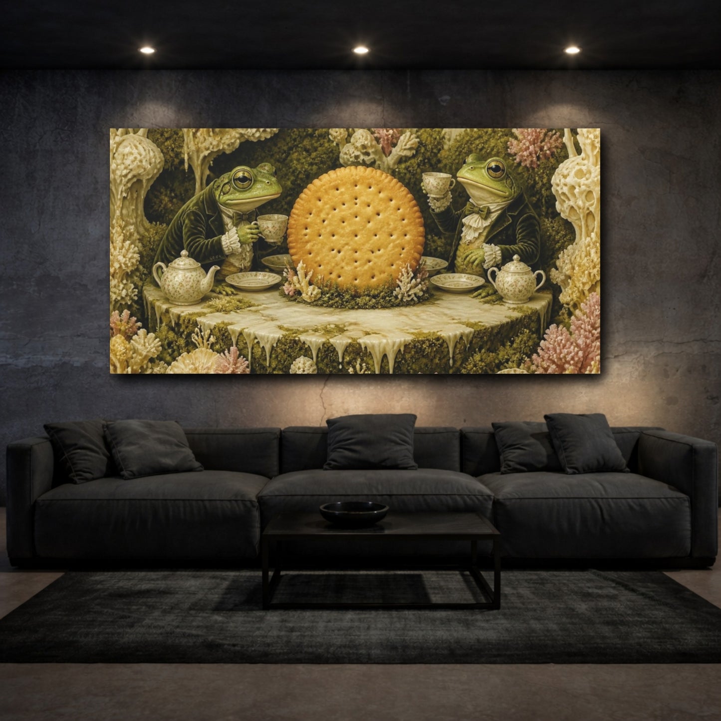 Mockup 3. Funny Frog Tea Ceremony shown as canvas print