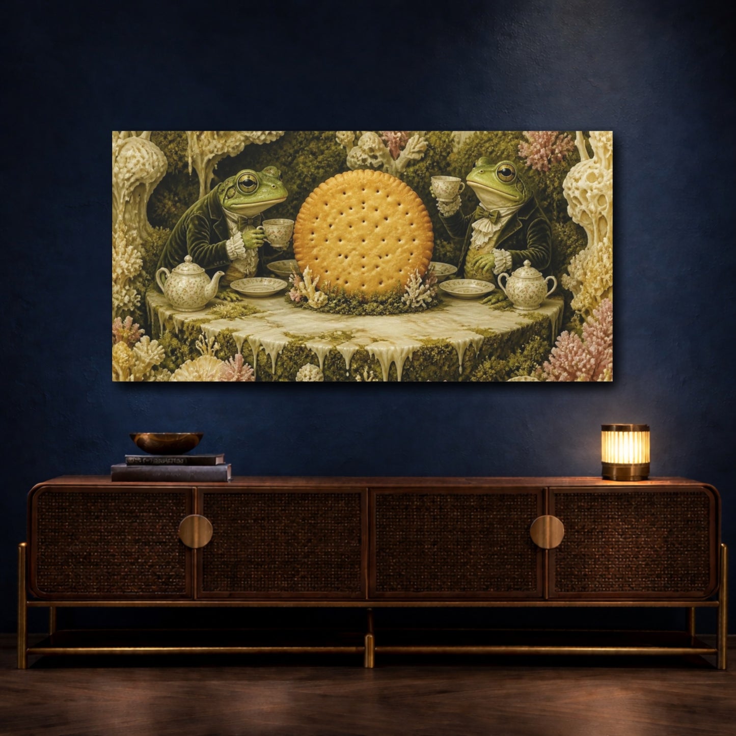 Mockup 4. Funny Frog Tea Ceremony shown as canvas print