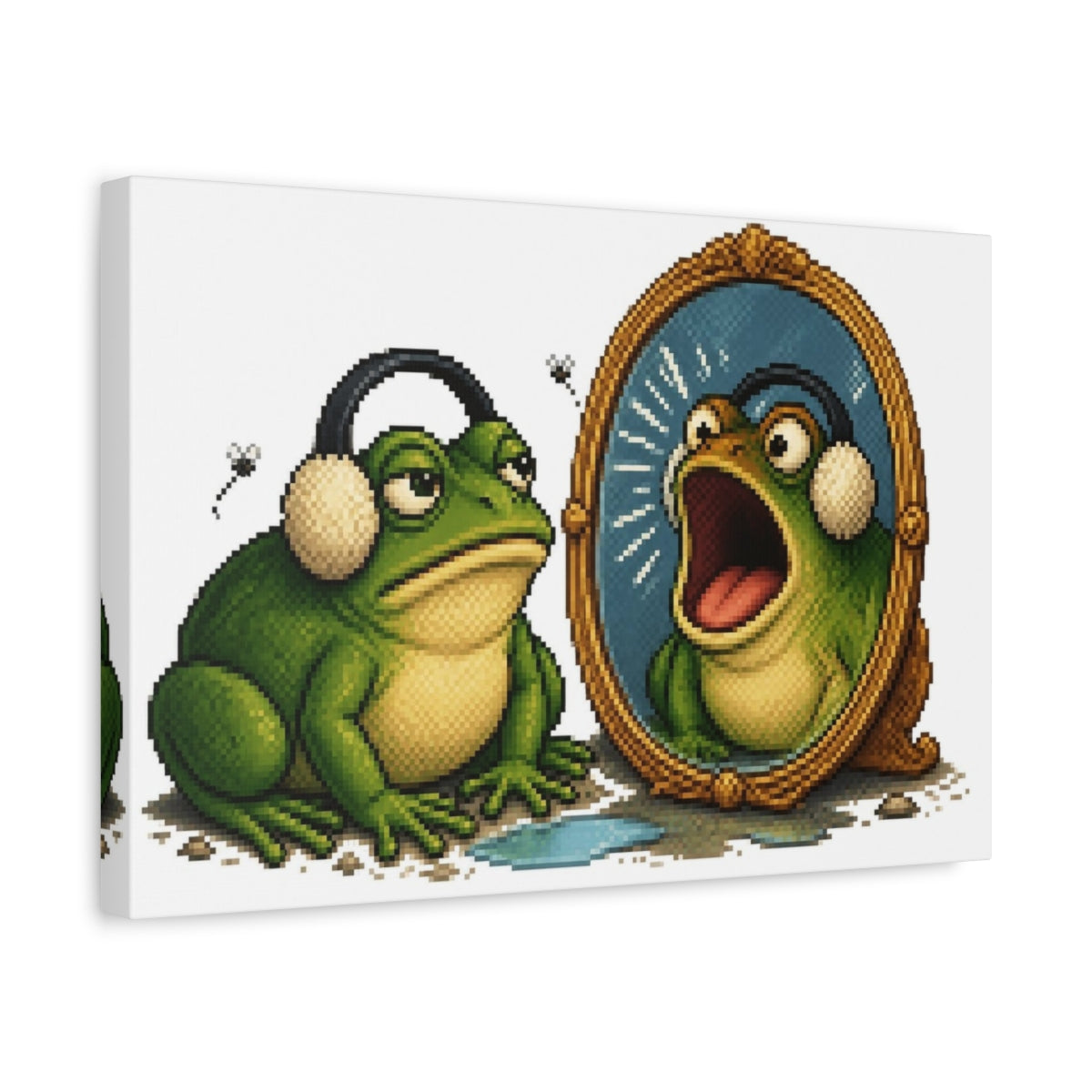 Side Mockup 4. Funny Frog With Earmuffs shown as canvas print