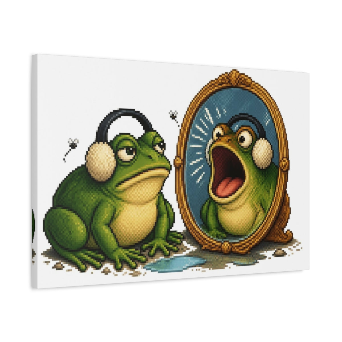 Side Mockup 2. Funny Frog With Earmuffs shown as canvas print