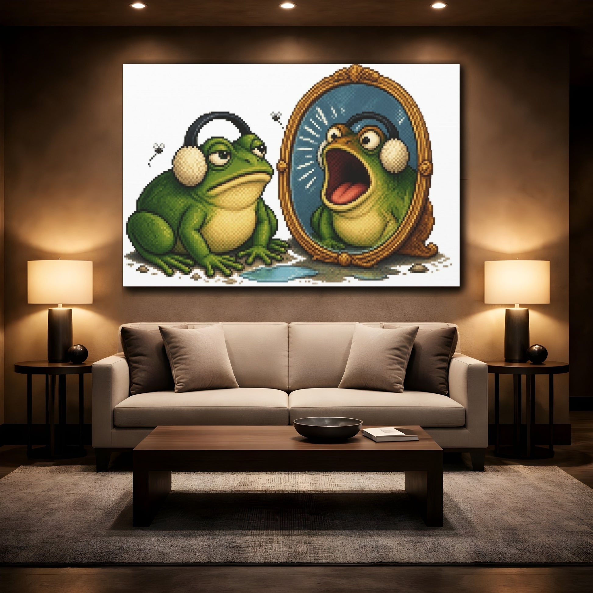 Mockup 2. Funny Frog With Earmuffs shown as canvas print