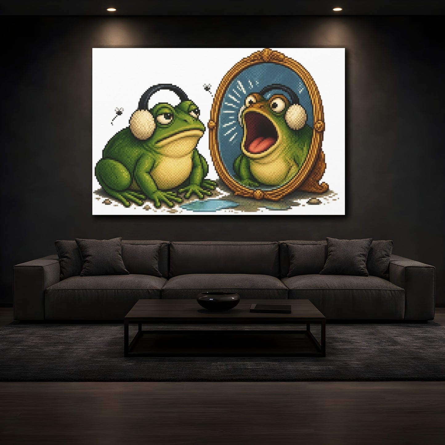 Mockup 3. Funny Frog With Earmuffs shown as canvas print