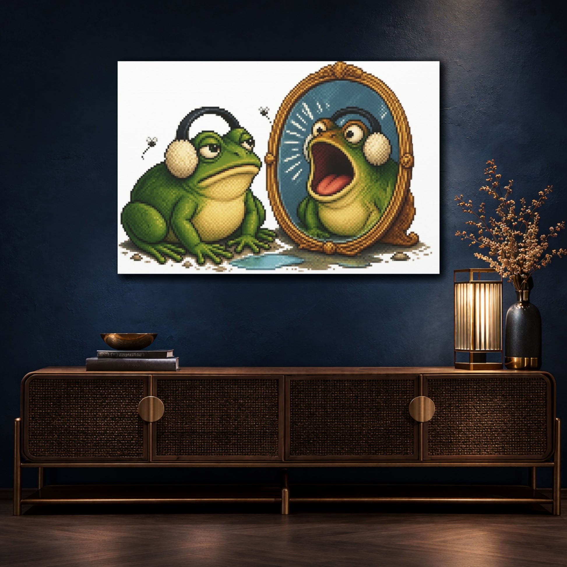 Mockup 4. Funny Frog With Earmuffs shown as canvas print