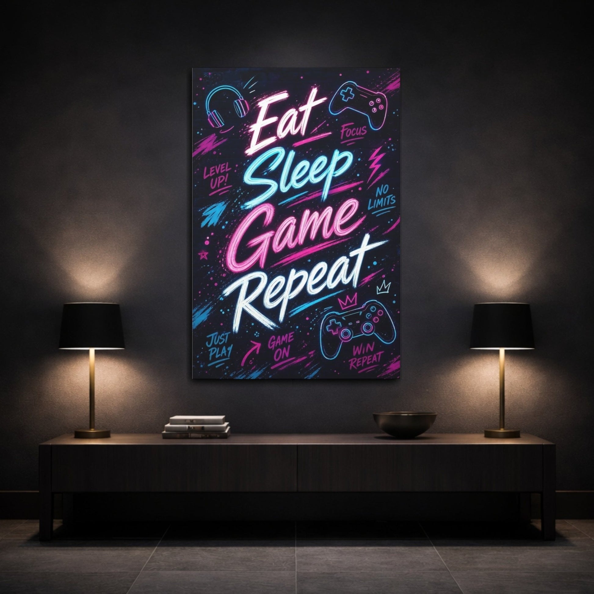Funny Gaming Slogan Neon Art Canvas Print – Game Room, Feature Wall - YesArtYes