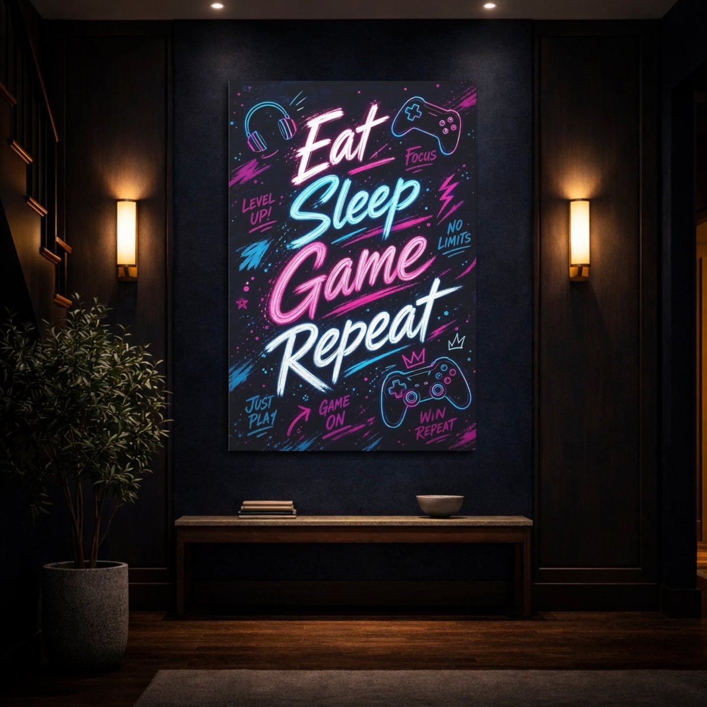 Funny Gaming Slogan Neon Art Canvas Print – Game Room, Feature Wall - YesArtYes