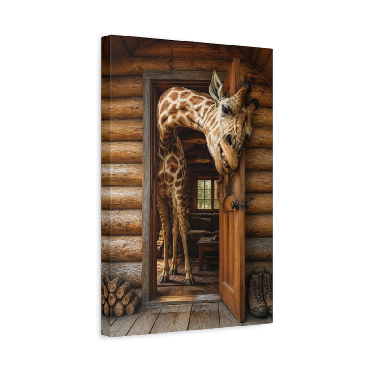 Side Mockup 4. Funny Giraffe In Cabin shown as canvas print