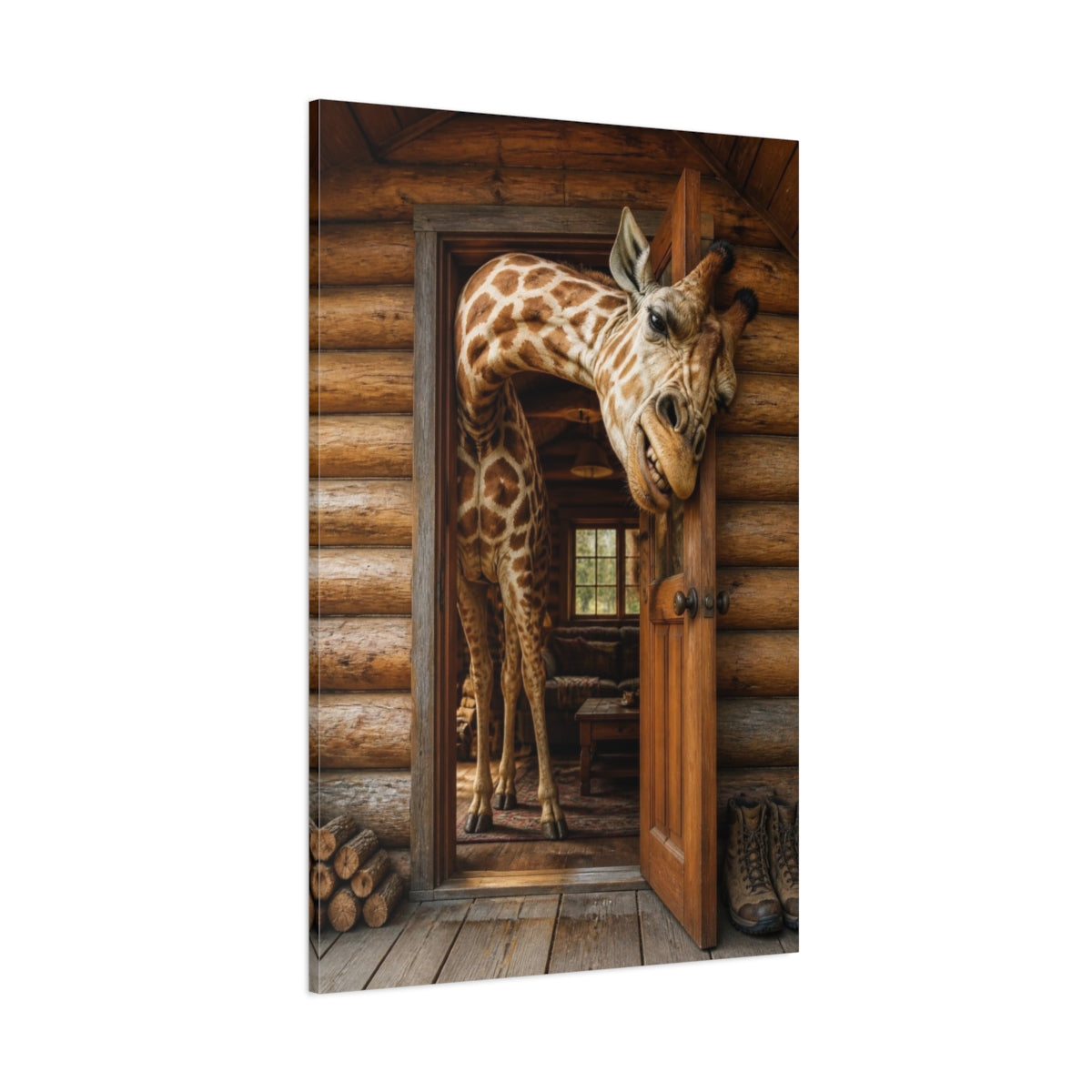 Side Mockup 1. Funny Giraffe In Cabin shown as canvas print