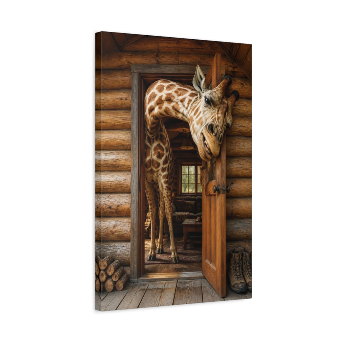 Side Mockup 3. Funny Giraffe In Cabin shown as canvas print