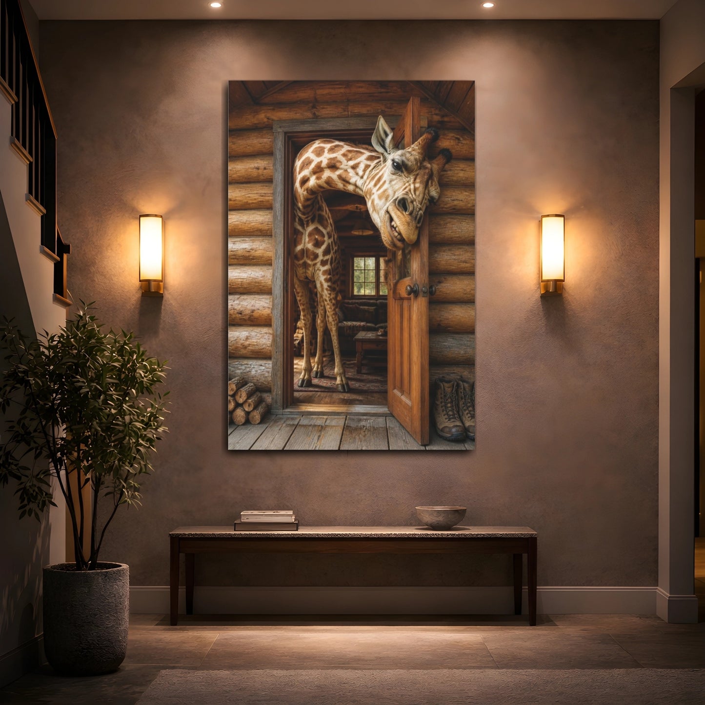 Mockup 2. Funny Giraffe In Cabin shown as canvas print