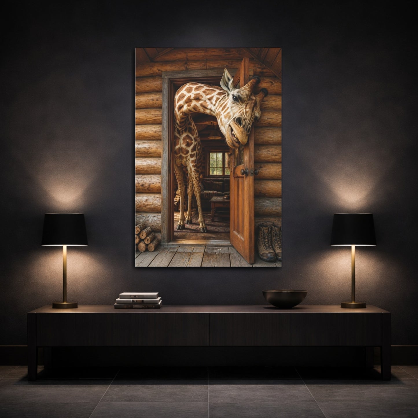 Mockup 3. Funny Giraffe In Cabin shown as canvas print