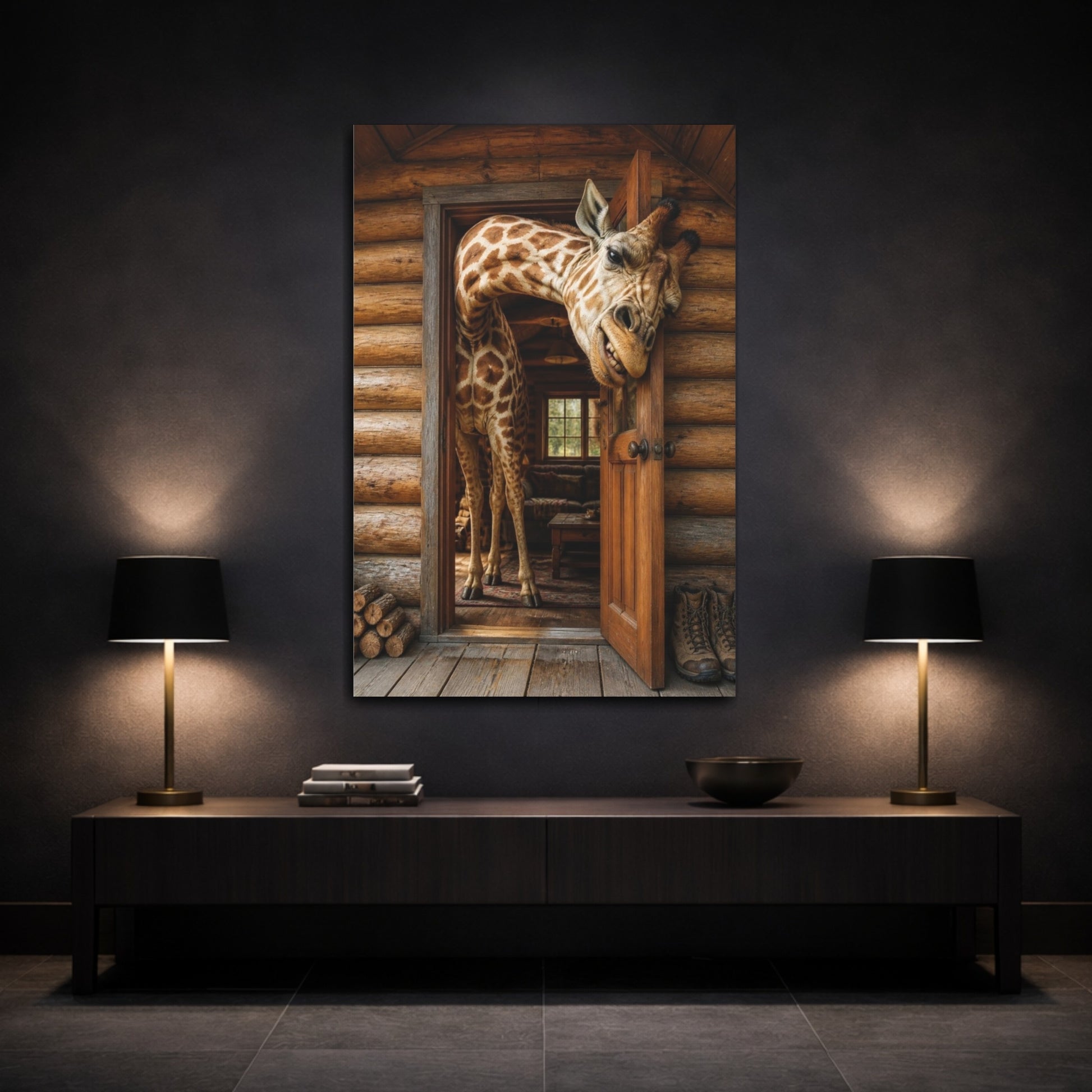 Mockup 3. Funny Giraffe In Cabin shown as canvas print